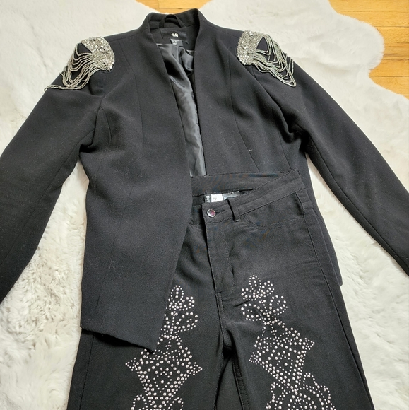 Rare H&M Black Beading Fringe Tassel Shoulder Badges Suit Jacket Co ord Set. - Picture 16 of 17